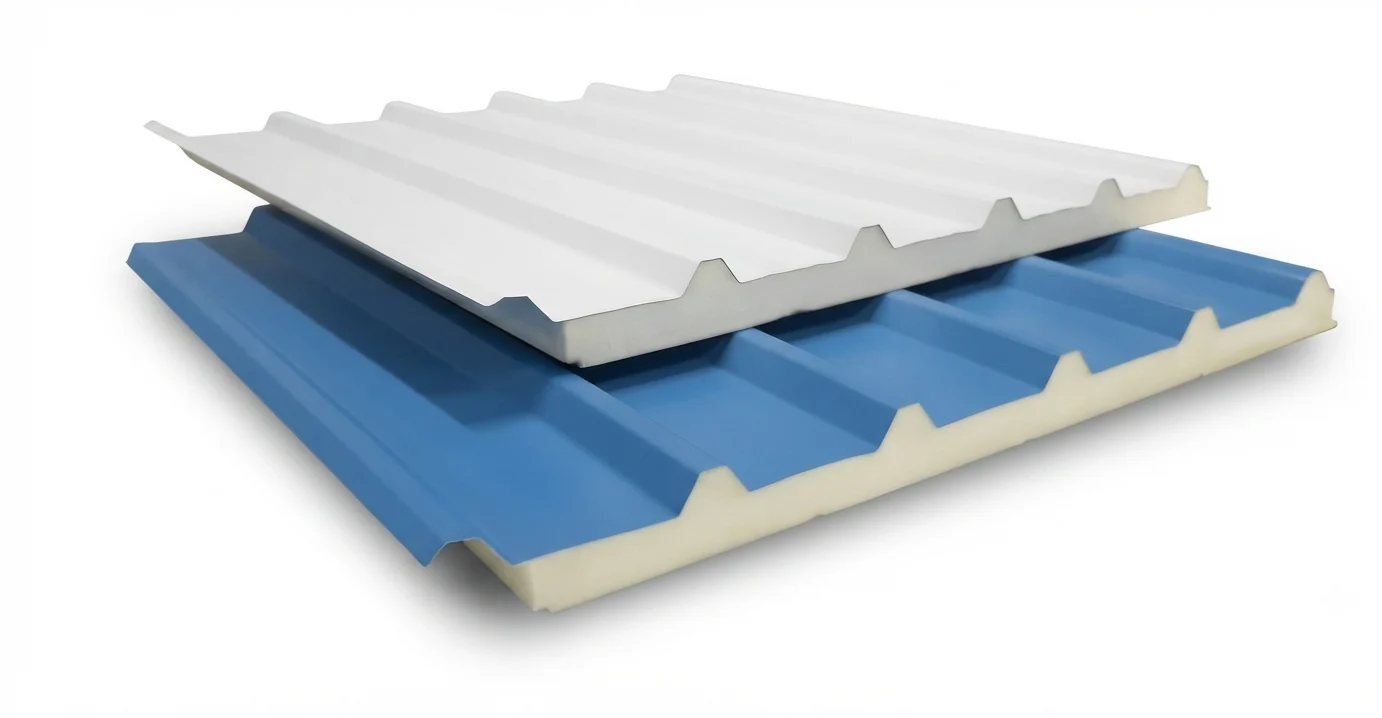 Two EasyPuf PUF sandwich roof panels, white and blue, showing the ribbed steel sheet and the foam core
